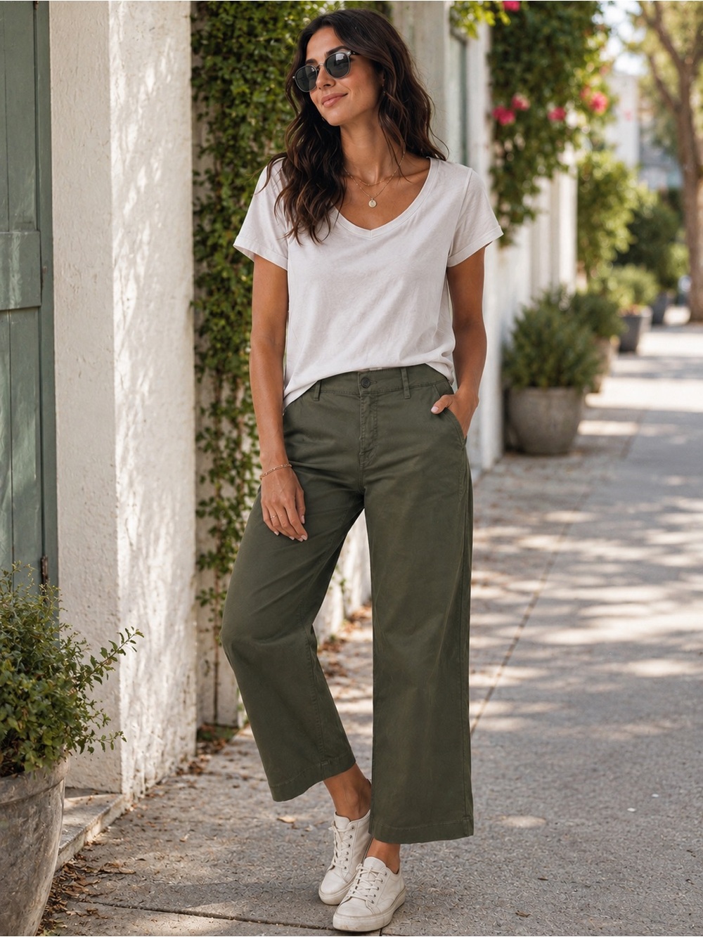 KOTN Egyptian Cotton Army Green Casual Wide Leg Utility Crop Pants Size 8
